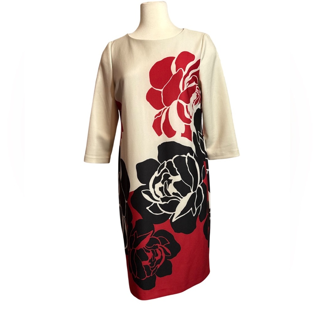 Chico's Cream Dress with Red‎ and Black Floral Design Size 1- Medium